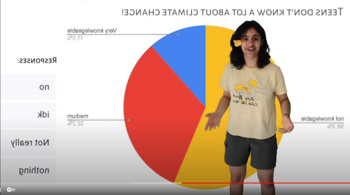 A video screeenshot shows Deja, an EarthGen Youth Fellow standing in front of a large pie chart that shows how knowledgeable teens are about climate change.